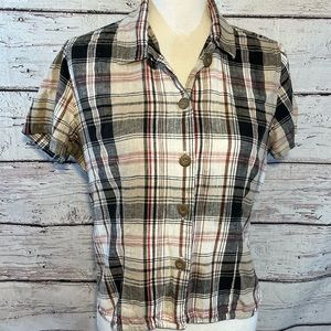 CROSSROADS (Petite) Plaid Cropped Button Down Short Sleeve Shirt Linen/Cotton-PL